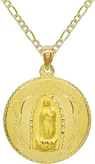Pyramid Jewelry 14K Yellow Gold Virgin Mary Guadalupe Charm Pendant Necklace - 2.5 mm White Pave Figaro Chain