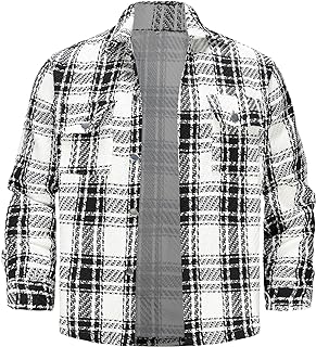 Men's Flannel Warm Button Down Plaid Outdoor Casual Long Sleeve Shirt Jacket with Pockets