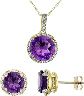 Silver City Jewelry 10K Yellow Gold Diamond Natural Amethyst 7mm Earrings & 11mm Pendant Round Set