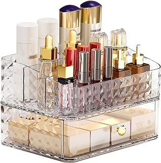 loobuu Makeup Organizer for Vanity, Stackable Cosmetics Organizer and Storage, Cosmetic Display Cases with 1 Drawers and 1 Tray for Makeup Brush, Hair Accessories, Lipstick and Jewelry, Clear