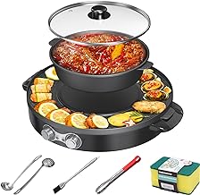 2 in 1 Electric Grill Pan and Hot Pot with Free Clips,Brushes,soup & colander ladle,2200W Dual Temperature Control Korean Shabu Shabu,Non Stick Coating, Smokeless, Split Easy Cleaning.【Black】
