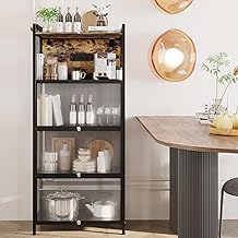 REENLIV 5-Tier Bakers Rack with Power Outlet, Microwave Stand, Bread Rack Coffee Stand, Kitchen Storage Rack with 8 Hooks, Kitchen Shelves for Spices, Pots and Pans, Rustic Brown