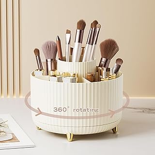 360° Rotate Makeup Brush Holder Organizer, Makeup Organizers Countertop, Makeup organization and Skincare Storage for Vanity, Desktop, Bathroom (Ivory)