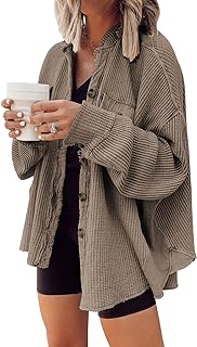chouyatou Women's Loose Fit Batwing Sleeve Waffle Knit Button Down Shirt Shacket Tops