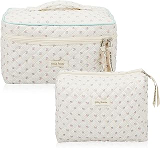 Zeyune 2 Pcs Cotton Quilted Makeup Bag Large Travel Coquette Makeup Bag Aesthetic Cute Cherry Floral Bear Makeup Bag for Women Girls (Floral Style)