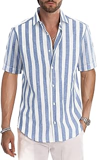 JMIERR Men's Casual Stylish Short Sleeve Button-Up Striped Dress Shirts Cotton Shirt