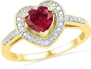 Solid 10k Yellow Gold Heart Round Red Simulated Ruby And White Diamond Engagement Ring OR Fashion Band Prong Set Solitaire Shaped Halo Ring (.03 cttw)
