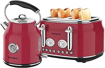 Homeart Chelsea Collection - Cordless Kettle With Temperature Gauge and 4-Slice Toaster with Adjustable Browning Control - Stainless Steel Retro Design, Red