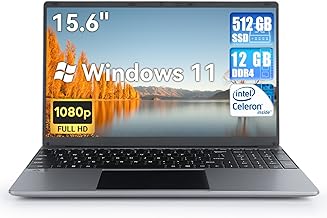 AMIAMO 15.6" Laptop Computer, Intel Celeron N5095 Processors,12GB RAM, 512GB SSD, Full HD 1080P Display, USB 3.0, Bluetooth 4.2, Type-C, HDMI, 38000mWh Battery, Pre-Install Windows 11.
