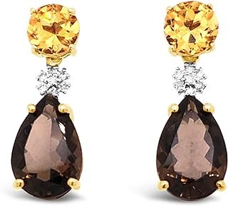 10K Yellow Gold Citrine, Smoky Quartz Gemstone And Diamond 1/10 Ct Dangle Earrings For Women, Birthstone Of November.