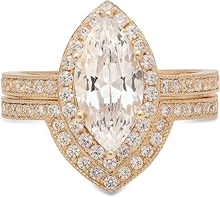 Clara Pucci 2.16ct Marquise Round Cut Pave Halo Solitaire Accent Genuine Moissanite & Simulated Diamond Engagement Promise Statement Anniversary Bridal Wedding Ring Band set Solid 14k Yellow Gold