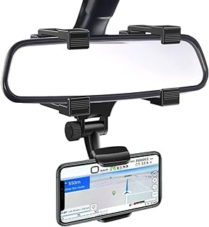 VAGURFO Rear View Mirror Phone Holder Mount, Car Phone Bracket/Stand with 270° Swivel and Adjustable Clips, Universal Smartphone Cradle, Black