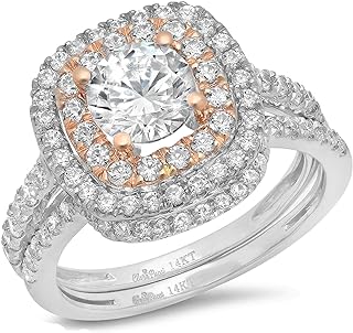 2.0ct Round Cut Halo Pave Solitaire Halo Accent Lab Created White Sapphire & Simulated Diamond Engagement Promise Statement Anniversary Bridal Wedding Ring Band set Curved Real 14k White Rose Gold