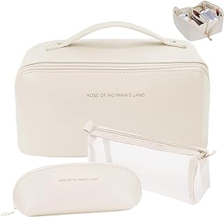 3 Pcs Travel Makeup Bag Portable Large Capacity Cosmetic Bags for Women Open Flat Makeup Case Organizer Bag Set of 3 Waterproof PU Leather Toiletry Bags with Divider and Handle（White）
