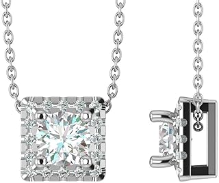 Privosa Fine Jewelry 1/4 to 3/4 Carat Diamond Square Halo Pendant Necklace for Women in 14k White Gold (H-I, SI2-I1, cttw) with 18 Inch Silver Chain and Lobster Claw
