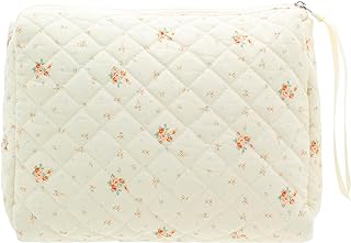 PAZIMIIK Cotton Makeup Bag for Women Large Quilted Travel Cosmetic Pouch Girls' Make Up Organizer,Floral White