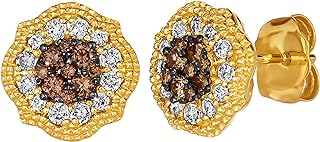 White and Chocolate Diamond Different Shapes Stud Earrings for Women in 14k Gold (White/Brown, I1-I2 / SI1-SI2, cttw) Halo Earrings with Push Back by LeVian