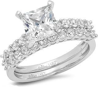 Clara Pucci 2.66ct Princess Cut Pave Solitaire with Accent Genuine Moissanite & Simulated Diamond Engagement Promise Statement Anniversary Bridal Wedding Ring band set Solid 14k White Gold