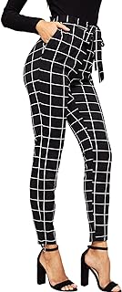 WDIRARA Women's Stretchy Plaid Print Pants Soft Skinny Regular Fashion Leggings