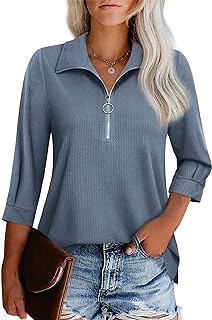 Vivilli Womens Tops Dressy Casual 3/4 Length Sleeve V Neck Shirts and Blouses Zipper Collar Women Polo Shirts