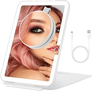 LUKYMIRO Rechargeable Travel Compact Makeup Mirror with Lights, Portable Lighted Vanity Mirror with 10X Magnification, 70 LEDs 3 Color Lights, Dimmable Touch Tabletop Foldable Cosmetic Mirror