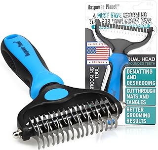 Maxpower Planet Pet Grooming Brush - Double Sided Shedding, Dematting Undercoat Rake for Dogs, Cats - Extra Wide Dog Grooming Brush, Dog Brush for Shedding, Cat Brush, Reduce Shedding by 95%, Blue