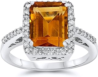 Jewelry Bliss 14k White Gold Citrine Emerald Cut Genuine Gemstone and Diamond Halo Ring For Women Birthstone of November