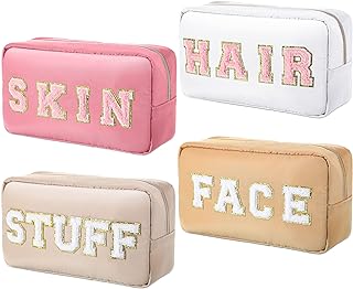 Remerry 4 Pcs Nylon Cosmetic Bag Chenille Letter Cosmetic Pouch Zipper Preppy Waterproof Hair Bag with Patches Makeup Organizer Pouch Set for Women (Light Brown, Beige, Light Pink, White)