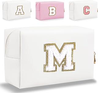 Small Personalized Initial Letter Makeup Bag, Cute Waterproof PU Leather Chenille Letter Cosmetic Bag Travel Makeup Bag, Preppy Makeup Pouch Toiletry Zipper Pouch Organizer for Women and Girls(WH-M)