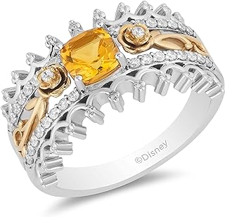 Jewelili Enchanted Disney Fine Jewelry Sterling Silver and 10K Yellow Gold with Citrine and 1/4 CTTW Diamond Belle 30th Anniversary Ring