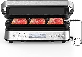 5 in 1 Indoor Grill, Panini Press Grill Sandwich Maker, CATTLEMAN CUISINE Electric Contact Grill and Griddle, Smart Probe, LCD Display, Stainless Steel, 1600W