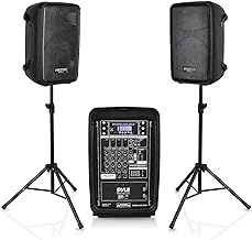 Pyle PA Speaker DJ Mixer Bundle - 300 W Portable Wireless Bluetooth Sound System w/ USB SD XLR 1/4" RCA Inputs - Dual Speaker, Mixer, Microphone, Stand, Cable - Home/Outdoor Party - PPHP28AMX,Black