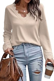 Trendy Queen Womens V Neck Lace Crochet 2023 Fall Long Sleeve Shirts Sexy Casual Fashion Clothes Tunic Tops Loose Blouses