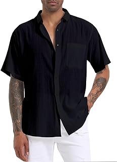 YAOGRO Men's Cotton Linen Beach Summer Shirts Casual Stylish Short Sleeve Button Down Regular Fit Dress Tops with Pocket