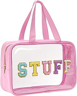 Yowivon Clear Tote Bag Pink Preppy Large Makeup Bag Travel Toiletry Cosmetic Organizer Bag with Handle, Transparent Waterproof Beach Bag Snack Stadium Bags for Women Girls