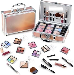 Color Nymph Beginner Makeup Kits For Teens With Train Case Included Full Makeup Kit Eyeshadow Palette Blushes Bronzer Highlighter Lipstick Brushes Mirror（Gold）