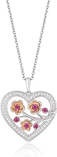 Jewelili Enchanted Disney Fine Jewelry 10K Rose Gold and Sterling Silver Rhodolite Garnet and 1/5 Cttw Natural White Diamond Mulan Heart Shape Plum Blossom Pendant Necklace 18" Cable Chain