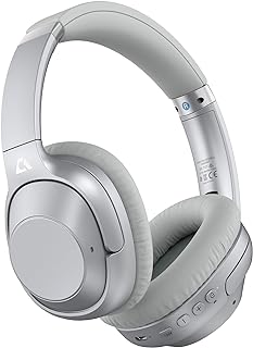 Ankbit E500 Active Noise Cancelling Headphones, Wireless Bluetooth 5.2 Headphones Hi-Res Audio Deep Bass Over-Ear Headphones with 80H Playtime, Voice Assistant for Travel/Home/Office -Silver