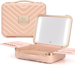 KZAOPZ Makeup Case, Large Makeup Bag with Light Up Mirror, Portable Travel Cosmetic Case Train Case for Women & Girls, Makeup Storage Organizer Box for Brush & Makeup Tools, Nude