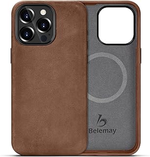 Belemay Compatible with iPhone 15 Pro Leather Case Magsafe - Top Grain Vintage Crazy Horse Leather - Metal Buttons & Camera Bezel Bump - Slim Fit & Soft - Premium Phone Cover (6.1-inch) Retro Brown