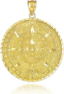 10K Yellow Gold Round Aztec Mayan Calendar Charm Pendant - Choice of Size