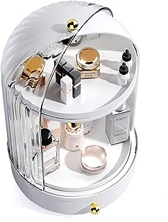 YOOLENS Makeup Organizer for Vanity Rotating Make up Storage with Cover and Drawer Large Skincare Cosmetics Organizers, White