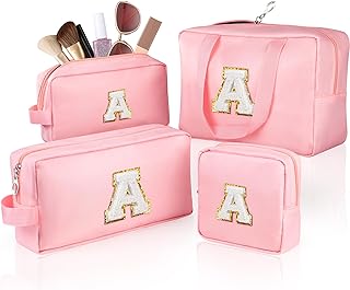 TOPEAST Makeup Bag Set, 4 Pack Initial Cosmetic Bags Chenille Letter Bags Travel Toiletry Bag Waterproof Nylon Makeup Pouch with Handle, Personalized Birthday Gift for Women Girls, Letter A