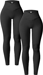 OQQ Women's 2 Piece Yoga Leggings Ribbed Seamless Workout High Waist Cross Over Athletic Exercise Leggings