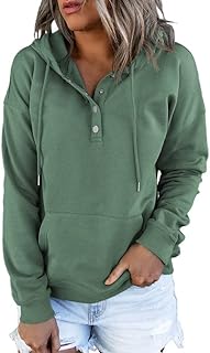Dokotoo Womens 2023 Hooded Button Collar Drawstring Hoodies Pullover Sweatshirts Casual Long Sleeve Tops Shirts