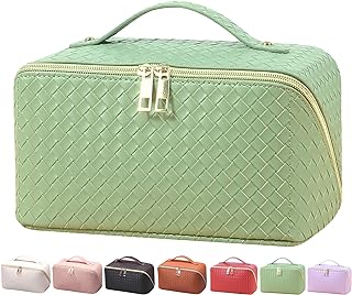 VERNASSA Large Capacity Travel Cosmetic Bag, Toiletry Bag, Women Portable Makeup Bag Opens Flat for Easy Access, PU Leather Waterproof Travel Cosmetic Bag with Handle and Divider