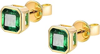 Lanmi 14K White Yellow Gold Natural Emerald Earrings Studs with Diamonds for Women Girls