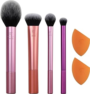 Real Techniques Everyday Essentials + Sponge Kit, Makeup Brushes & 2 Makeup Blending Sponge Set, For Foundation, Blush, Bronzer, Eyeshadow, & Powder, Vegan Synthetic Bristles, 6 Piece Set