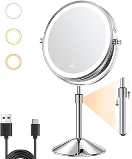 TopDirect 8” Lighted Makeup Mirror, Height Adjustable Vanity Mirror with 10X Magnification, Rechargeable & 3 Color Dimmable Lights Cosmetic Mirror, 360° Rotation Double Sided LED Make-up Mirror