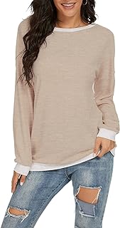 Women Long Sleeve Tops Color Block Sweatshirts Round Neck Loose Tunic Top